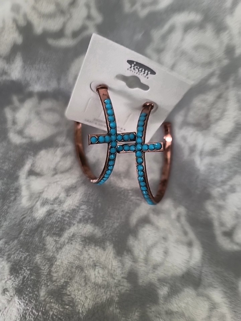 Cross earrings copper and turquoise large hoop - NEW